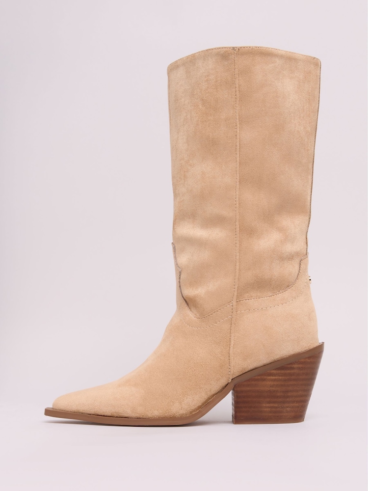 Lipsy Neutral Clean Knee High Long Western Cowboy Faux Suede Boots - Image 4 of 4