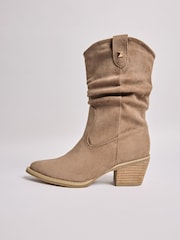 Lipsy Neutral Low Heel Pull On Ruched Western Boots - Image 5 of 5