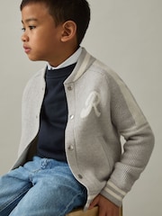 Reiss Grey/White Yates 9-13 yrs Logo-Intarsia Bomber Jacket - Image 1 of 4