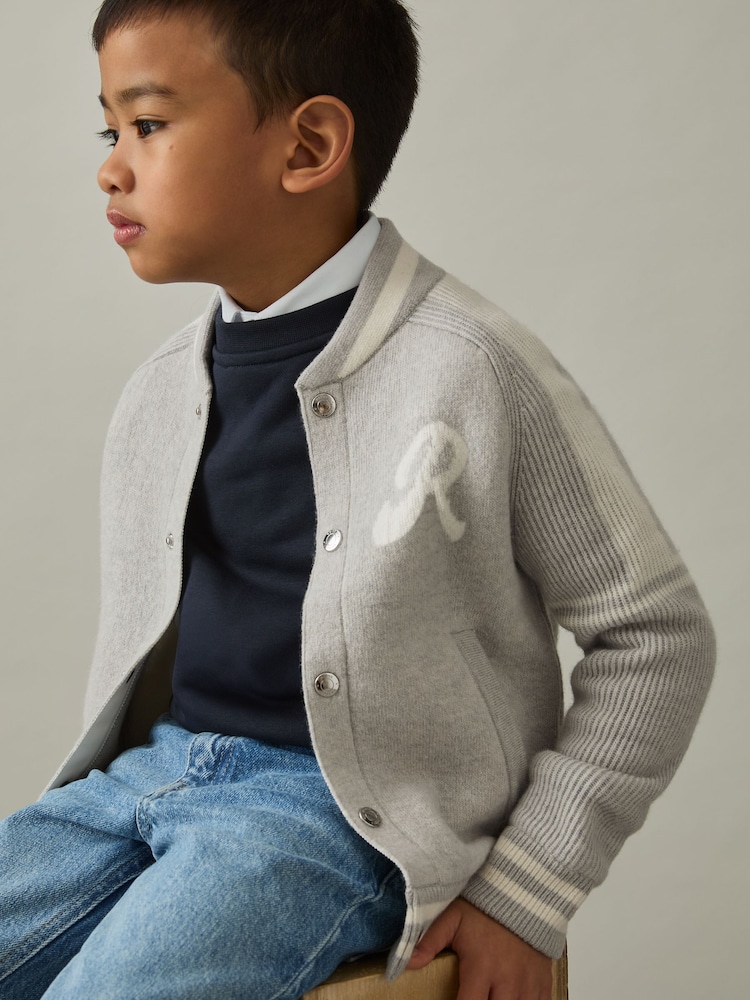 Reiss Grey/White Yates 9-13 yrs Logo-Intarsia Bomber Jacket - Image 1 of 4