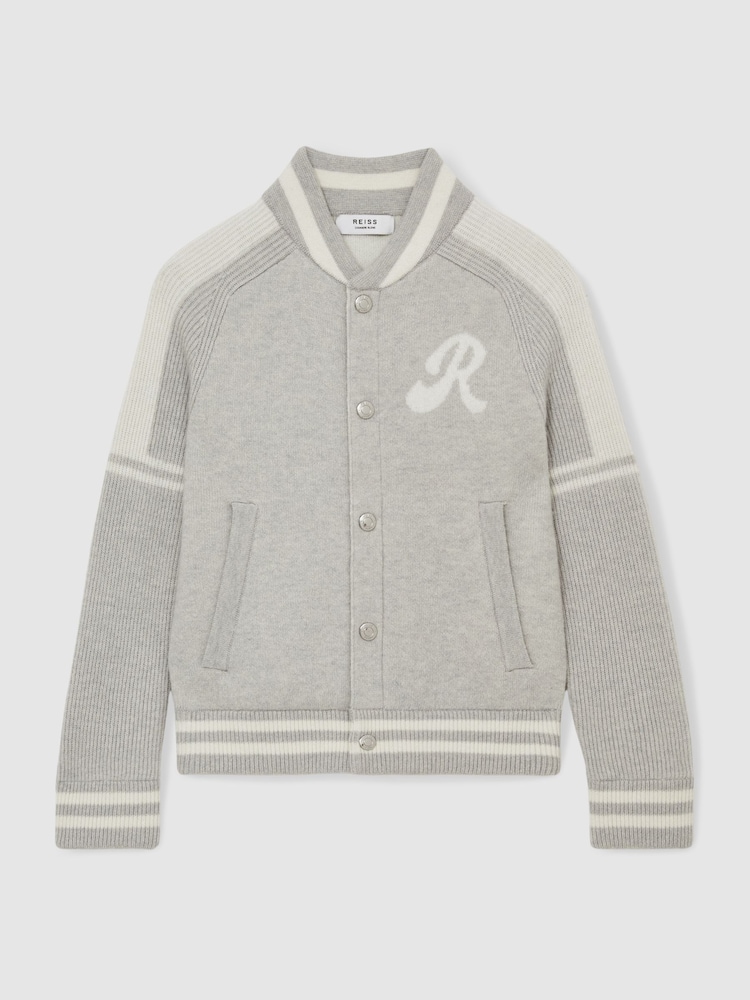 Reiss Grey/White Yates 13-14 yrs Logo-Intarsia Bomber Jacket - Image 1 of 4