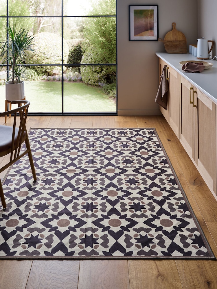 Brown Washable Geometric Tile Rug - Image 1 of 5