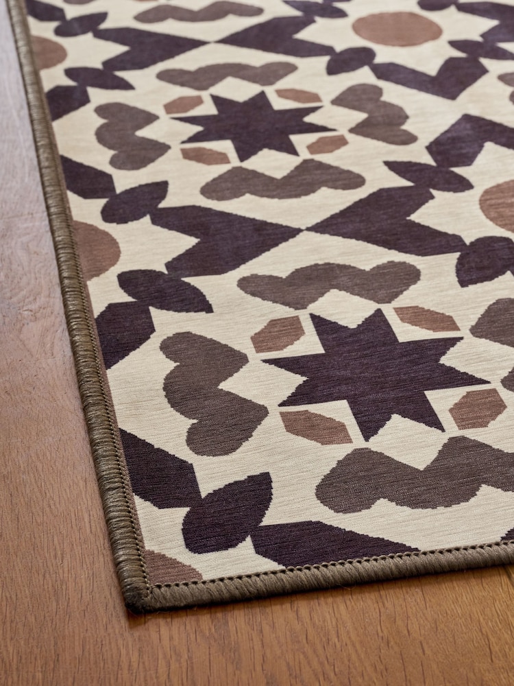 Brown Washable Geometric Tile Rug - Image 2 of 5