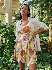 Kew Collection Fruit Print Sleeveless Scoop Neck Waisted Mini Dress with Linen - Image 1 of 7