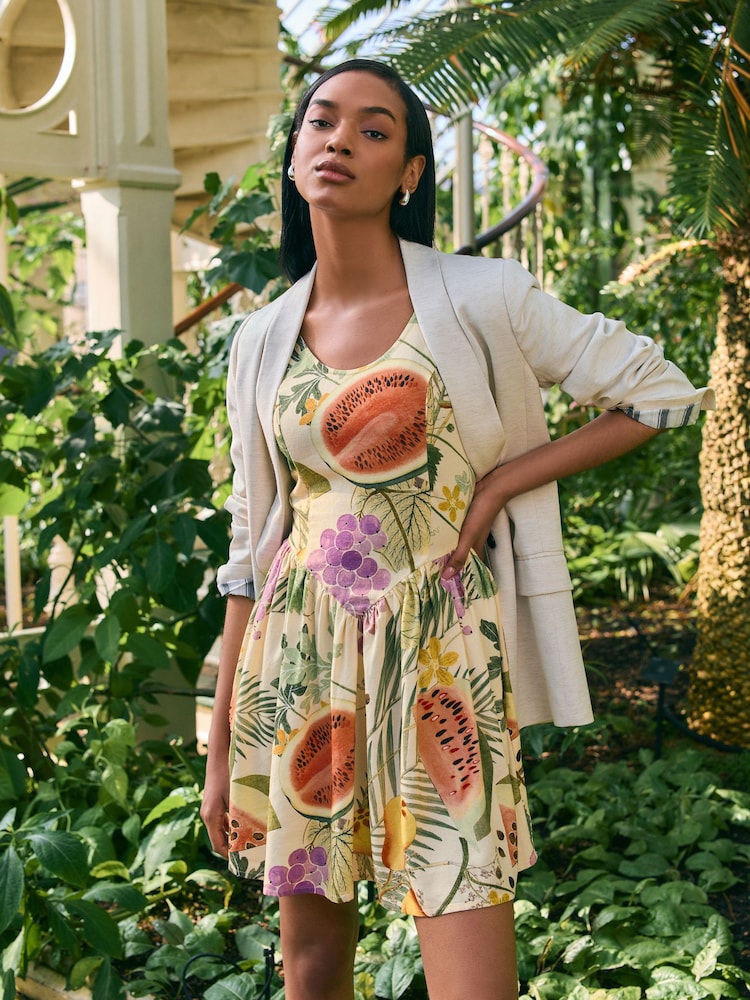Kew Collection Fruit Print Sleeveless Scoop Neck Waisted Mini Dress with Linen - Image 1 of 7