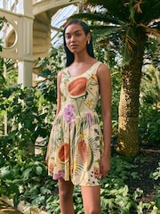 Kew Collection Fruit Print Sleeveless Scoop Neck Waisted Mini Dress with Linen - Image 2 of 7