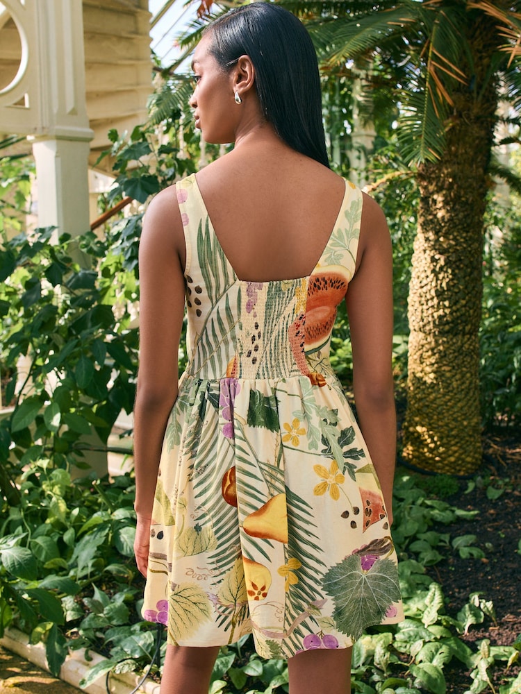 Kew Collection Fruit Print Sleeveless Scoop Neck Waisted Mini Dress with Linen - Image 3 of 7