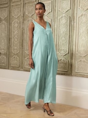 Sage Green Metallic V-Neck Wide Leg Jumpsuit - Image 1 of 8
