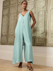 Sage Green Metallic V-Neck Wide Leg Jumpsuit - Image 2 of 8