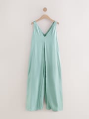 Sage Green Metallic V-Neck Wide Leg Jumpsuit - Image 6 of 8