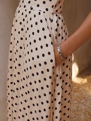 Écru/Cream à pois - Robe mi-longue à col bouffant Dos nu - Image 3 of 9