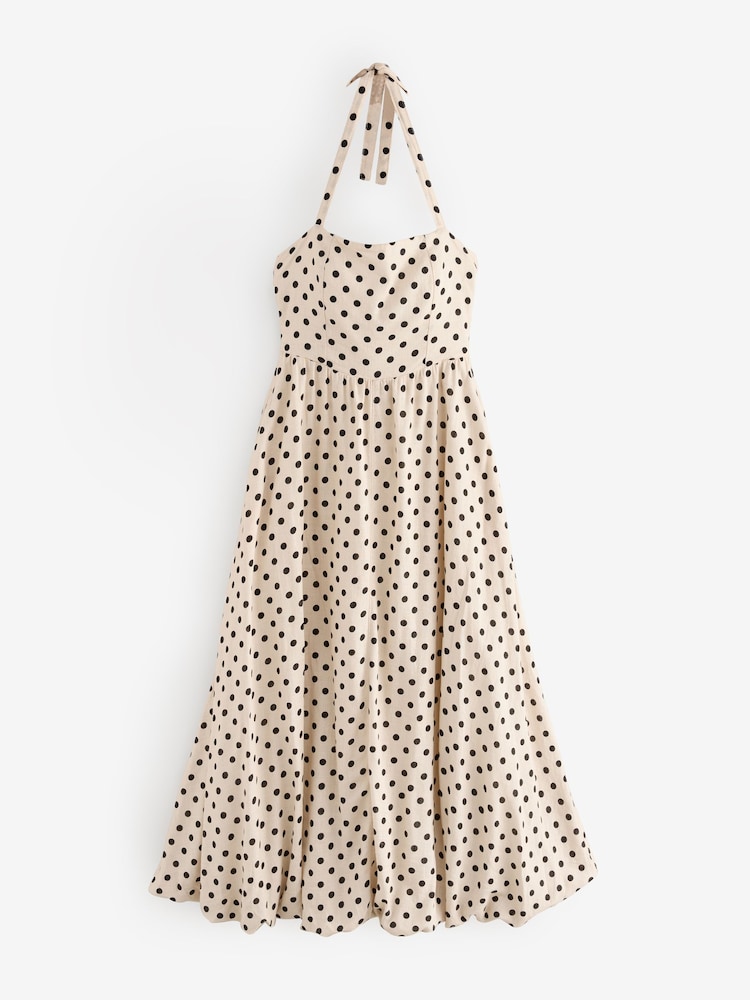 Écru/Cream à pois - Robe mi-longue à col bouffant Dos nu - Image 5 of 9