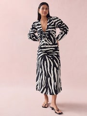 Black/White Zebra Print Long Sleeve Tie Front Midi Dress - Image 1 of 8