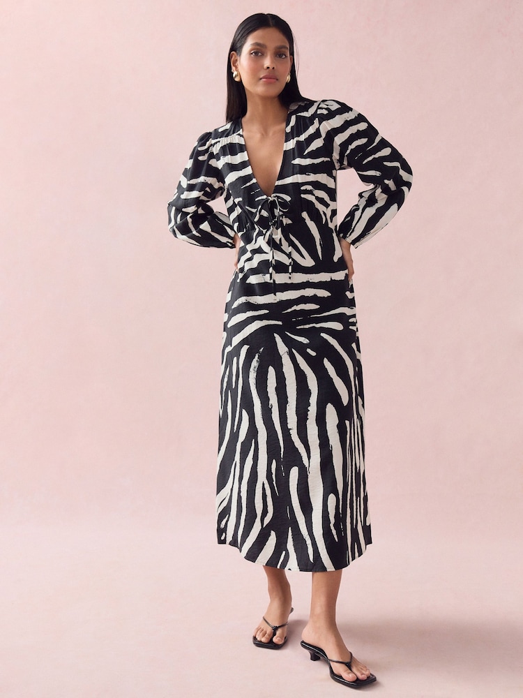 Black/White Zebra Print Long Sleeve Tie Front Midi Dress - Image 1 of 8