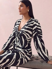 Black/White Zebra Print Long Sleeve Tie Front Midi Dress - Image 2 of 8