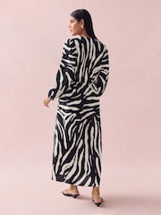 Black/White Zebra Print Long Sleeve Tie Front Midi Dress - Image 3 of 8