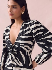 Black/White Zebra Print Long Sleeve Tie Front Midi Dress - Image 4 of 8