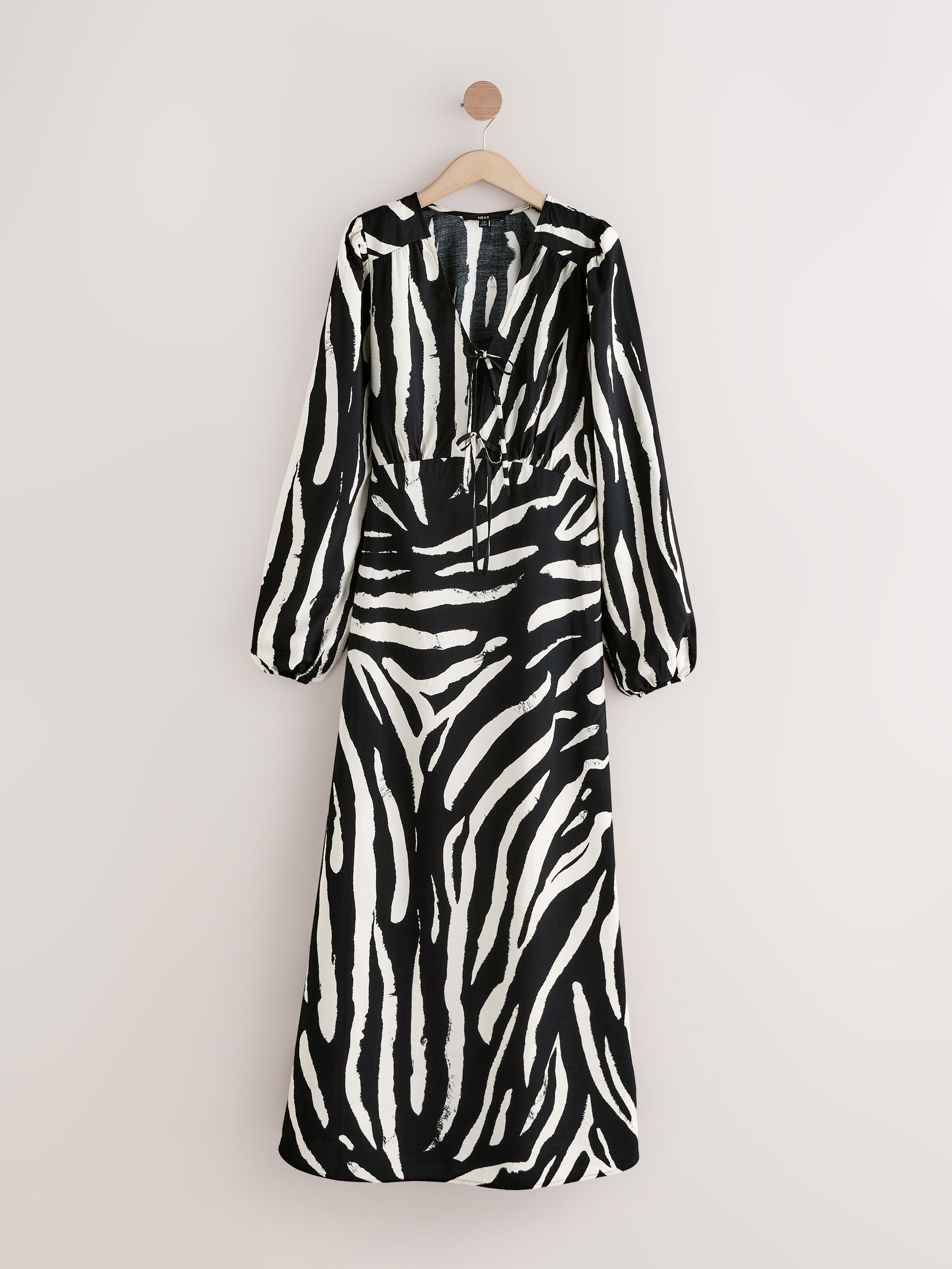 Buy Black/White Zebra Print Long Sleeve Tie Front Midi Dress from