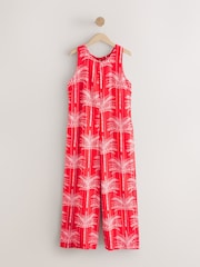 Red & White Palm Print Linen Sleeveless Jumpsuit - Image 1 of 3