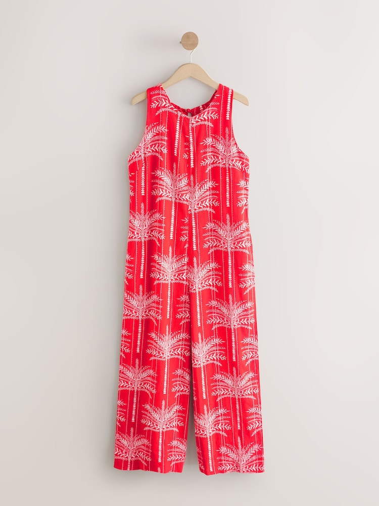 Red & White Palm Print Linen Sleeveless Jumpsuit - Image 1 of 3