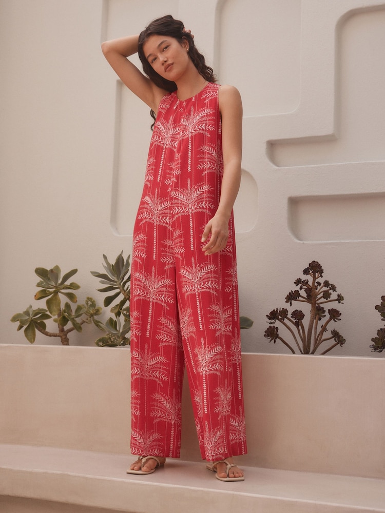 Red & White Palm Print Linen Sleeveless Jumpsuit - Image 1 of 7 Red & White Palm Print Linen Sleeveless Jumpsuit - Image 1 of 7