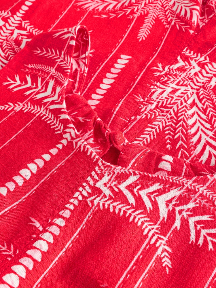 Red & White Palm Print Linen Sleeveless Jumpsuit - Image 3 of 3