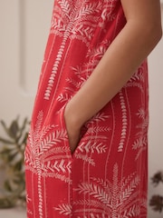 Red & White Palm Print Linen Sleeveless Jumpsuit - Image 4 of 7
