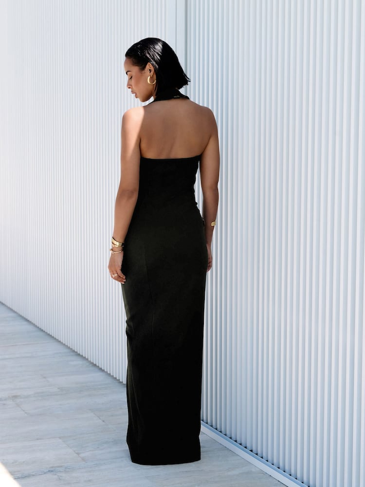 Black Halter Neck Column Maxi Dress - Image 2 of 6 Black Halter Neck Column Maxi Dress - Image 2 of 6