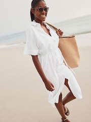 White Short Sleeve Tie Waist Midi Dress with Linen - Image 1 of 1