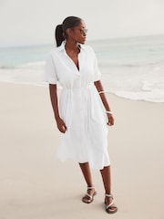White Short Sleeve Tie Waist Midi Dress with Linen - Image 2 of 7