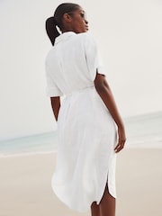 White Short Sleeve Tie Waist Midi Dress with Linen - Image 4 of 7