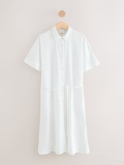 White Short Sleeve Tie Waist Midi Dress with Linen - Image 5 of 7