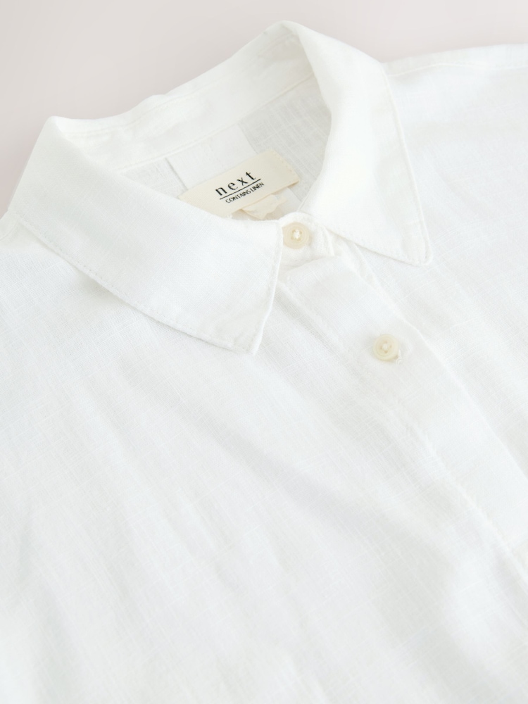 White Short Sleeve Tie Waist Midi Dress with Linen - Image 7 of 7