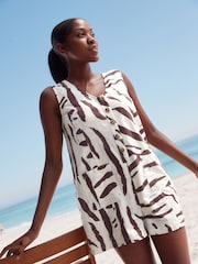 Chocolate Brown Zebra Print 100% Cotton V-Neck Button Down Playsuit - Image 1 of 7