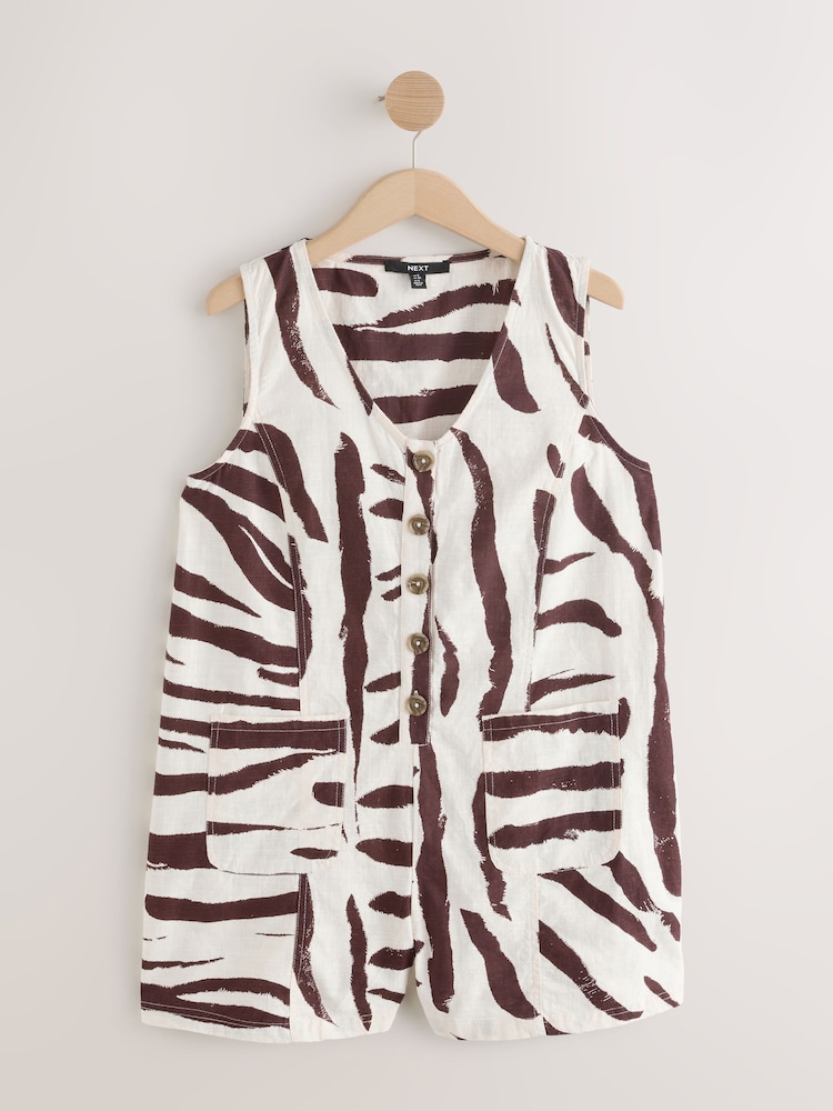 Chocolate Brown Zebra Print 100% Cotton V-Neck Button Down Playsuit - Image 5 of 7