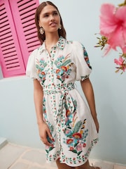 White Floral Print Placement Puff Sleeve Tie Waist Mini Shirt Dress - Image 1 of 5