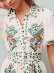 White Floral Print Placement Puff Sleeve Tie Waist Mini Shirt Dress - Image 2 of 5