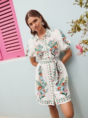 White Floral Print Placement Puff Sleeve Tie Waist Mini Shirt Dress - Image 3 of 5