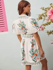 White Floral Print Placement Puff Sleeve Tie Waist Mini Shirt Dress - Image 4 of 5
