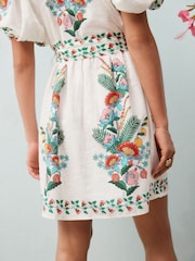 White Floral Print Placement Puff Sleeve Tie Waist Mini Shirt Dress - Image 5 of 5