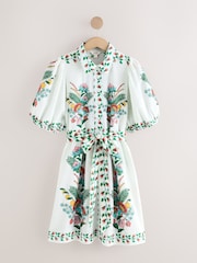 White Floral Print Placement Mini Puff Sleeve Tie Waist Shirt Dress - Image 6 of 9