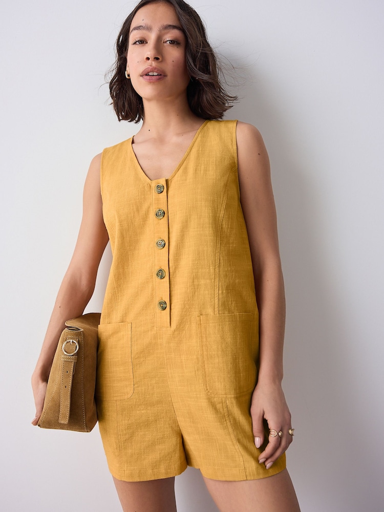 Ochre Yellow 100% Cotton V-Neck Button Down Playsuit - Image 1 of 8