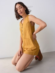 Ochre Yellow 100% Cotton V-Neck Button Down Playsuit - Image 3 of 8