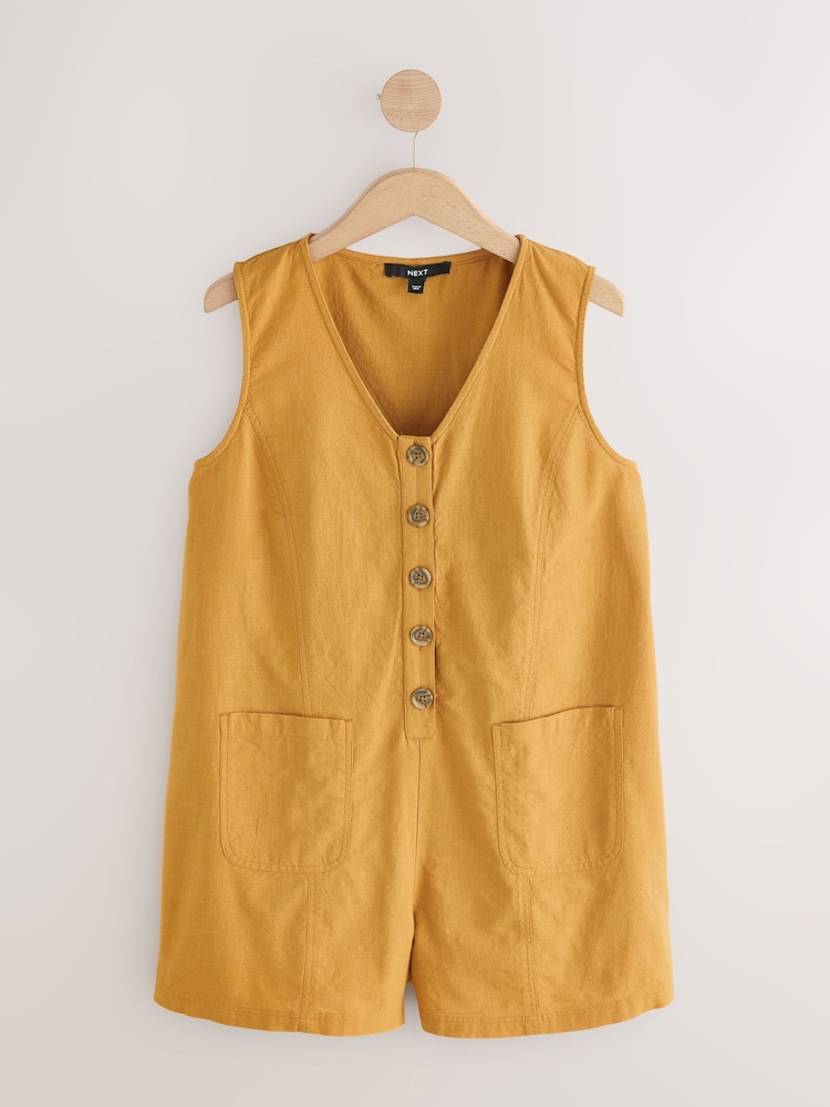 Ochre Yellow 100% Cotton V-Neck Button Down Playsuit - Image 5 of 8