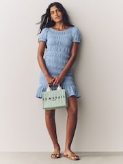 Pastel Blue Shirred Puff Sleeve Mini Dress - Image 2 of 8