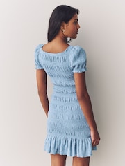 Pastel Blue Shirred Puff Sleeve Mini Dress - Image 3 of 8