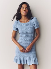Pastel Blue Shirred Puff Sleeve Mini Dress - Image 4 of 8
