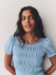 Pastel Blue Shirred Puff Sleeve Mini Dress - Image 5 of 8