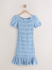 Pastel Blue Shirred Puff Sleeve Mini Dress - Image 6 of 8