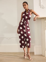 Burgundy/White Spot Halterneck Collar Midi Shirt Linen Blend Dress - Image 1 of 7
